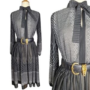 Vintage 70s Sheer Floral Striped Long Sleeve Dress Sz Medium Large Black White